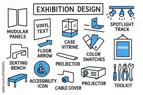Exhibition Design Elements. Exhibition design. Hand-drawn doodle illustration exhibition design mockup wall (accented), modular panels, spotlight track
