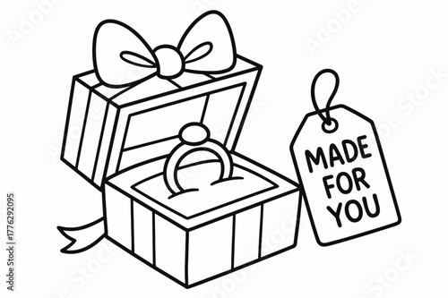 Jewelry Box Coloring Page. Gift box presentation children?s coloring book illustration, outlined drawing, a small open jewelry box with a ribbon and a simple
