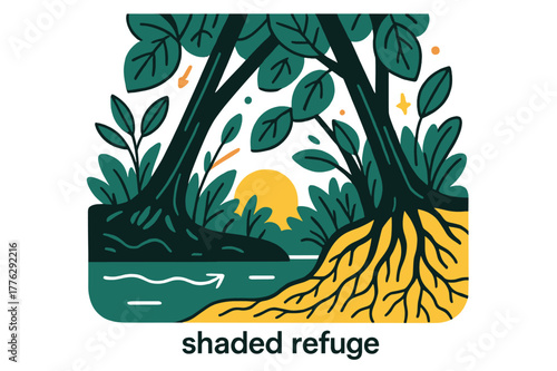 Riverbank Forest Refuge. River Ecosystem ? Riverbank Forest. Tall trees lean over the water; roots weave into soil layers with fine lines. Caption ?shaded