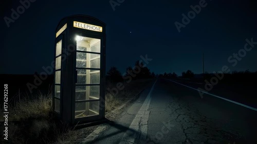 A solitary phone booth illuminated on a dark rural roadside at night, surrounded by silence and emptiness, evoking a sense of isolation and abandonment.