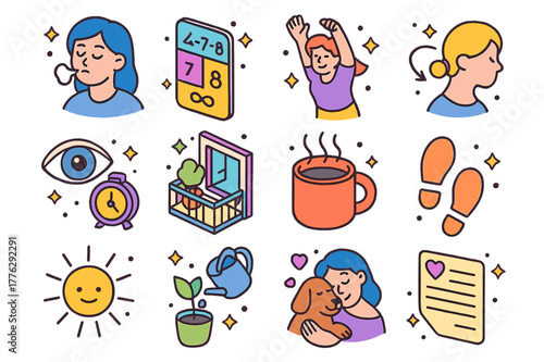 Mindful Gaming Breaks Icons. Mindful gaming breaks. Colorful isometric vector icons set of Mindful gaming breaks: deep breath icon, ?? breathing card, quick