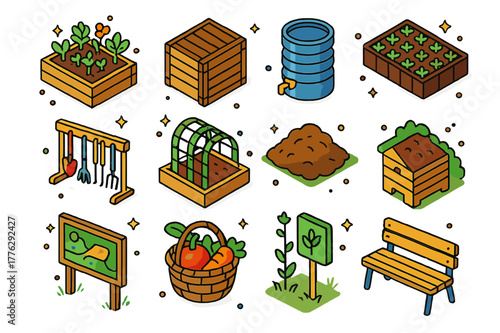 Urban Garden Icons. Urban community gardens. Colorful isometric vector icons set of Urban community gardens: raised beds, compost bin, rain barrel, seedling