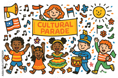 Festive Cultural Parade. Cultural parade. Colorful Hand-drawn doodle Children illustration Cultural parade flags, drums, costumes, marching band, banners,