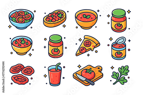 Tomato-Based Delights. Tomato-based kitchen creations. Colorful isometric vector icons set of Tomato-based kitchen creations: fresh tomato salad, bruschetta,