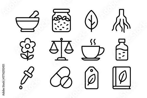 Herbal Medicine Icons. Herbal medicine. Line icon set of herbal medicine: mortar and pestle, dried herbs jar, leaf, root, flower, balance scales, tea cup,