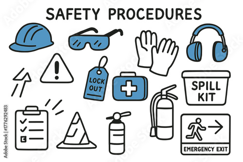 Safety Equipment Doodles. // Safety procedures. Hand-drawn doodle illustration Safety procedures [hard hat (accented), safety glasses (accented), gloves, ear