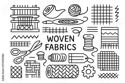 Woven Fabric Doodle Icons. Woven fabrics. Hand-drawn doodle illustration woven fabrics loom, yarn, shuttle, warp threads, pattern grid, scissors, spool, stripe