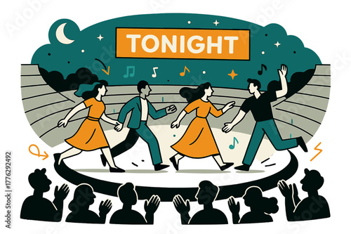 Moonlit Theater Performance. Open-Air Amphitheater Performance. Actors stride across a semicircular stage; moonlight washes the stone tiers as ?Tonight? glows