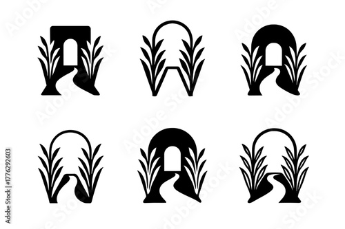 Whispering Corridor Logos. Whispering corridor. Set Logo of Whispering corridor: reed-lined walkway. harmonious logo variations of the same emblematic concept,