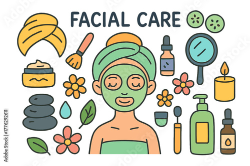 Colorful Facial Care Icons. facial care. Colorful Hand-drawn doodle Children illustration facial care face mask, cucumber slices, headband, towel, cream jar,