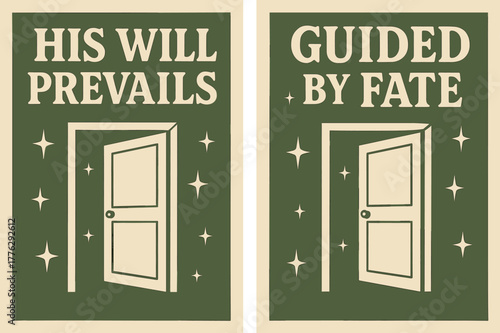 Retro Spiritual Messages. Destiny. Two vertical A6 banners with safe margins, centered composition, no elements touching edges, retro, olive green and cream,