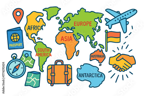 World Travel Essentials. Continents & Countries. Colorful Hand-drawn doodle Children illustration Continents & Countries Africa outline, Asia outline, Europe