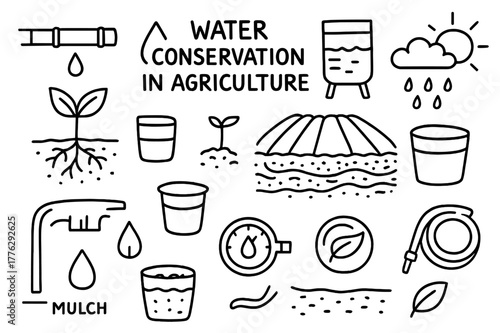 Agricultural Water Conservation. Water conservation in agriculture. Hand-drawn doodle illustration Water conservation in agriculture irrigation pipe, droplet,