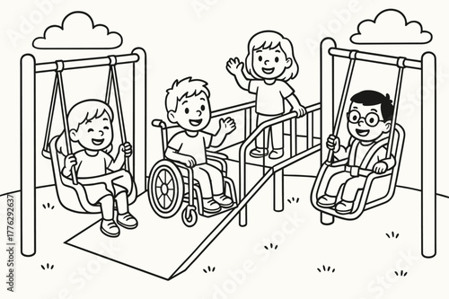 Inclusive Playground Fun. Inclusive playground children?s coloring book illustration, outlined drawing, children of all abilities playing together on adaptive