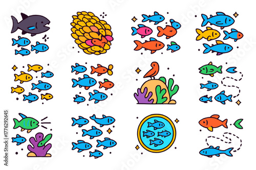 Predator-Prey Icon Set. Predator?prey dynamics in schools. Colorful isometric vector icons set of Predator?prey dynamics in schools: predator shadow, bait ball