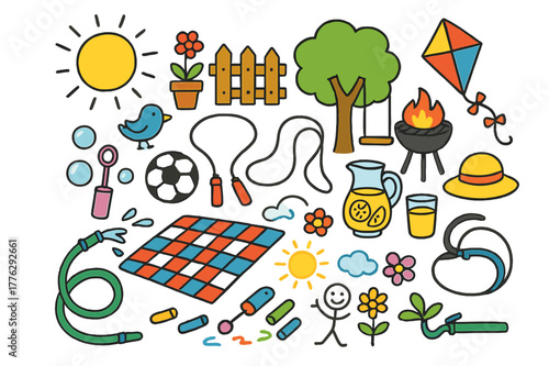 Backyard Playtime Fun. Backyard playtime. Colorful Hand-drawn doodle Children illustration Backyard playtime picnic blanket, soccer ball, bubbles wand, jump