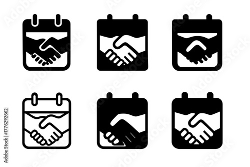 Office Collaboration Logos. office collaboration. Set Logo of office collaboration: Calendar sync handshake. Icon set. harmonious logo variations of the same