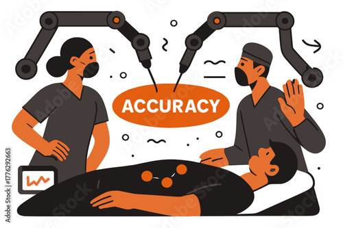Surgical Robotics Precision. Healthcare Tech ? Robotics in Surgery. Robotic arms extend delicately over a stylized patient; soft circles mark precision points.