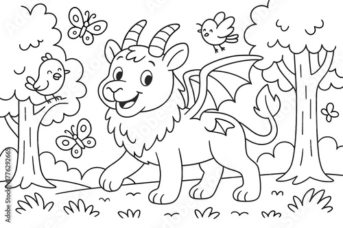 Cheerful Chimera Coloring. Friendly fantasy forest children?s coloring book illustration, outlined drawing, a cheerful chimera walking among trees with smiling