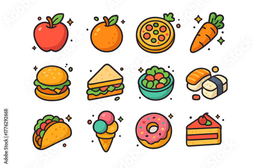 Colorful Food Icon Grid. food. Colorful isometric vector icons set of food: fruits, vegetables, pizzas, burgers, sandwiches, salads, sushi, tacos, ice creams,