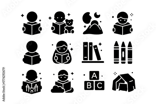 Children Reading Icons. Children Reading. Solid icons set of Children Reading: storybook, teddy bear, stars, moon, child silhouette, blanket, bookshelf,
