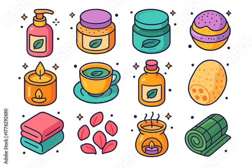 Organic Spa Icons. Organic spa products. Colorful isometric vector icons set of organic spa products: body lotion, salt scrub, clay mask jar, bath bomb,