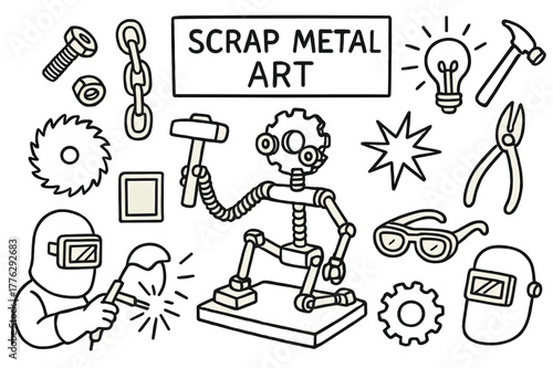 Scrap Metal Doodle Sculpture. Scrap metal art. Hand-drawn doodle illustration scrap metal art sculpture, bolts, nuts, saw blade, gear, hammer, welder, chain,