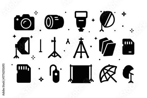 Cosplay Photography Equipment. Cosplay photography. Solid icons set of Cosplay photography: DSLR camera, prime lens, external flash, reflector, softbox, light