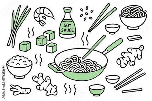 Vibrant Asian Cuisine Icons. // Asian cuisine. Hand-drawn doodle illustration Asian cuisine [wok pan (accented), chopsticks (accented), rice bowl, soy sauce