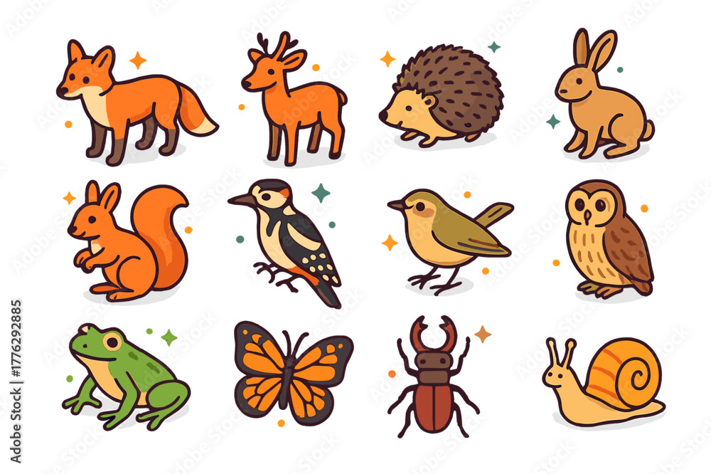 Naklejka premium Forest Wildlife Icons. Forest wildlife in May. Colorful isometric vector icons set of Forest wildlife in May: red fox, roe deer, hedgehog, hare, red squirrel,