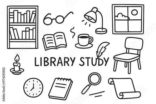 Library Study Doodles. Library study. Hand-drawn doodle illustration library study bookshelf, open book, reading lamp, glasses, coffee cup, chair, notebook,