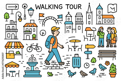 Vibrant Urban Stroll. Walking tour. Hand-drawn doodle illustration person walking (colored), cobblestone street (colored), historic buildings (colored), street