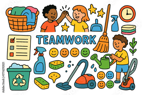 Teamwork Chores Doodle. Teamwork chores. Colorful Hand-drawn doodle Children illustration Teamwork chores laundry basket, broom, dustpan, spray bottle, folded