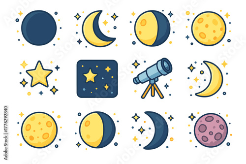 Celestial Phases Icons. Celestial phases. Colorful isometric vector icons set of celestial phases: new moon, waxing crescent, first quarter, waxing gibbous,