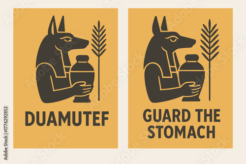Duamutef Canopic Banner. Canopic Protector. Two vertical A6 banners with safe margins, centered composition, no elements touching edges, flat vector design,