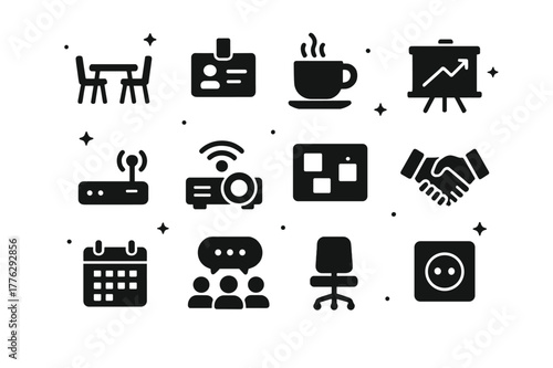 Coworking Icons Collection. Coworking and Meetups. Solid icons set of Coworking and Meetups: shared desk, name tag, coffee cup, whiteboard, wifi router,
