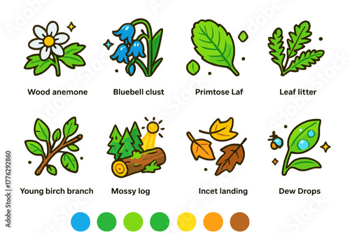 Forest Blossom Icons. Forest edge blossoms. Colorful isometric vector icons set of Forest edge blossoms: wood anemone, bluebell cluster, primrose leaf, fern