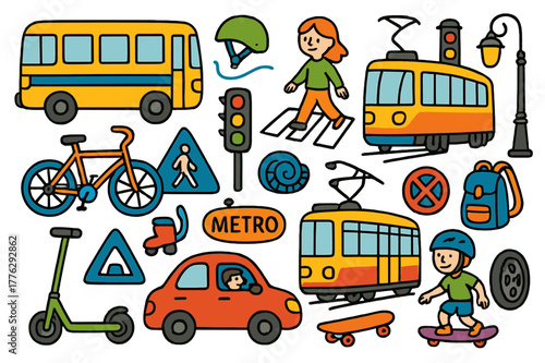 Colorful Transport Doodles. public transport. Colorful Hand-drawn doodle Children illustration public transport bus, bicycle, scooter, pedestrian, car, traffic