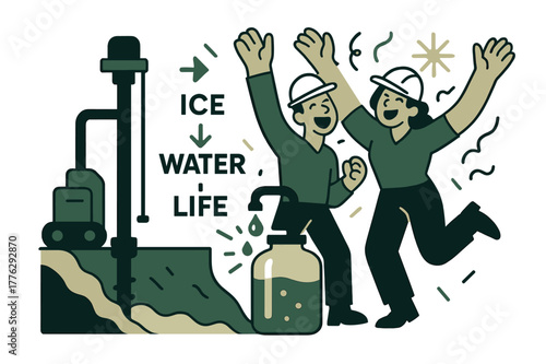 Ice to Water Transformation. Water extraction & ice mining. A drill rig hums beside a shaded trench as blue arrows show ?Ice > Water > Life?. Technicians cheer