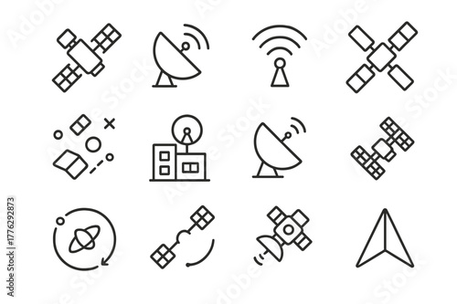 Artificial Satellite Icons. Artificial satellites. Line icon set of artificial satellites: orbiting satellite, antenna dish, signal waves, solar panel wing,