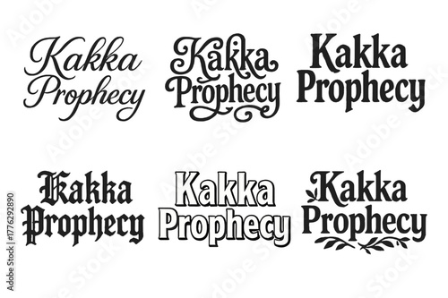 Diverse Lettering Styles. Kakka Prophecy. Set lettering. harmonious lettering variations of the same emblematic concept, each with different artistic