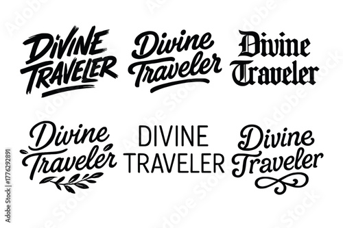 Divine Lettering Variations. Divine Traveler. Set lettering. harmonious lettering variations of the same emblematic concept (Dynamic brushstroke graffiti