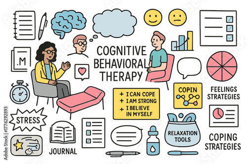 Therapy Tools Illustrated. Cognitive behavioral therapy. Hand-drawn doodle illustration therapist (colored), patient (colored), thought bubble (colored), brain
