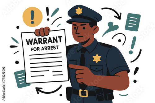 Arrest Warrant Icons. Warrant for arrest. Police officer holding a legal arrest warrant with abstract floating icons, exclamation marks, and document symbols;