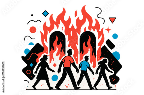 Approaching Fiery Gates. Figures Walking Towards Fiery Gates. People approaching flaming gates with floating abstract geometric shapes and sparks, dark and