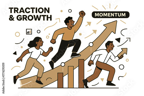 Momentum and Growth. Pitch Deck ? Traction & Growth. Bars and curves soar upward; milestone icons pulse at key dates. Label ?momentum.? glows at peak. Modern