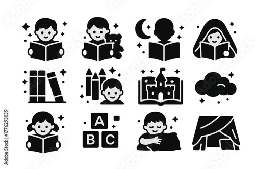 Children Reading Icons. Children Reading. Solid icons set of Children Reading: storybook, teddy bear, stars, moon, child silhouette, blanket, bookshelf,