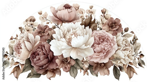Fototapeta Naklejka Na Ścianę i Meble -  Elegant floral arrangement with dusty rose and white peonies surrounded by delicate blooms and foliage in soft vintage palette.