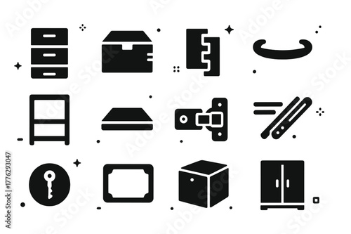 Drawer Cabinet Icons. Drawer and cabinet systems. Solid icons set of Drawer and cabinet systems: filing cabinet, drawer box, dovetail joint, handle pull,
