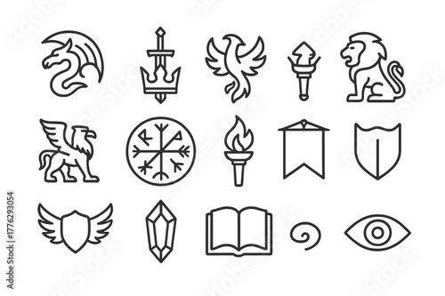 Fantasy Icon Set. Fantasy emblems. Line icon set of fantasy emblems: dragon, sword and crown, phoenix, lion, griffin, rune circle, torch, banner, winged